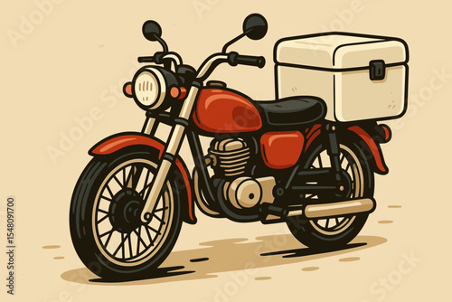 Retro delivery motorcycle with a white storage box for express shipping. Vintage red motorbike concept for courier service, food or parcel delivery. Classic transport vector illustration.