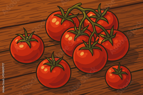 Ripe red tomatoes on the vine on a rustic wooden table. Fresh organic vegetable still life. Cartoon vector illustration for healthy food, cooking, and farm market concepts.