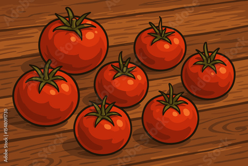 Juicy red tomatoes on a rustic wooden table background. Vector cartoon illustration of fresh organic vegetables. Culinary still life concept for healthy cooking, harvest or farmers market.