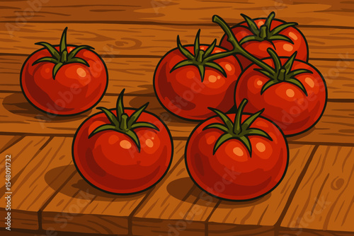 Juicy, ripe red tomatoes with green stems, artfully arranged on a rustic wooden table. Fresh garden produce, healthy cooking ingredients, natural still life vector cartoon.