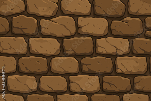 Seamless stone wall texture. Cartoon vector background for game design. Rustic brown rock pattern. Ancient medieval castle stonework. Tileable floor or pavement illustration.