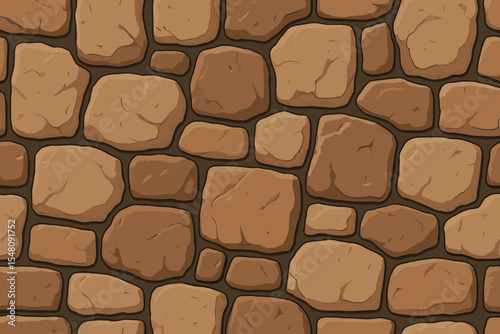 Rough stone wall texture. Seamless vector pattern of rustic cobblestone for background design. Cartoon illustration of ancient masonry, rock path, or medieval floor for games.