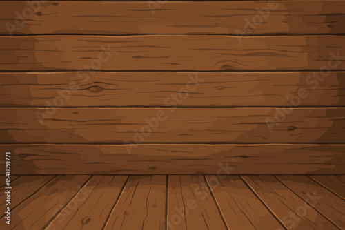 Rustic brown vintage wooden wall and floor texture background. Cartoon vector illustration of an empty room interior with wood planks. Stage or scene for product display.
