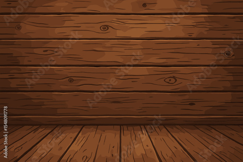 Rustic brown vintage wooden wall and floor background. Vector cartoon illustration of an empty room interior. Wood planks texture with perspective for product display or backdrop.