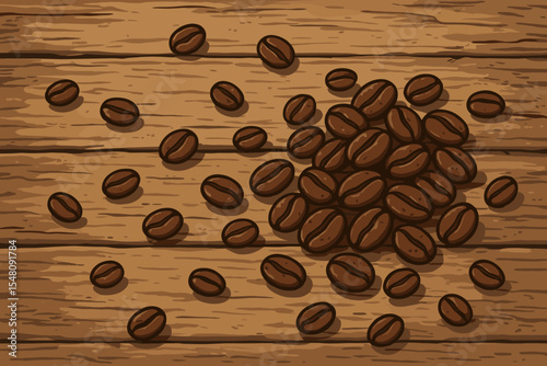 Pile of roasted coffee beans on a rustic wooden table background. Vintage vector cartoon illustration. Top view flat lay design for coffee shop, cafe menu or aroma concept.
