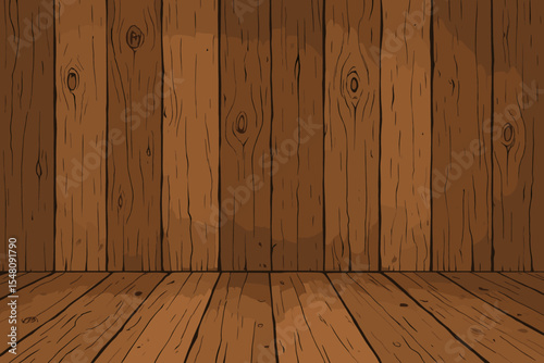Wooden room interior with rustic brown plank wall and floor. Vintage wood texture background with perspective. Empty cartoon stage for product display. Vector illustration backdrop.
