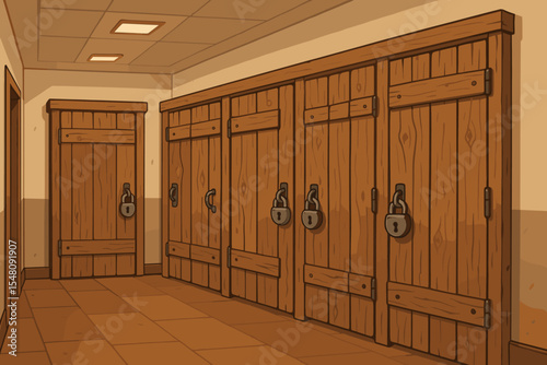 Rustic wooden locker fronts in a building hallway. Vector cartoon interior scene with locked storage units. Cellar or basement corridor with old cabinets and padlocks background.