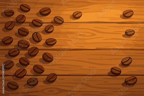 Roasted coffee beans scattered on a rustic wooden table background. Vector cartoon illustration with warm tones and soft lighting. Concept for a cafe menu, coffee shop, or morning energy.