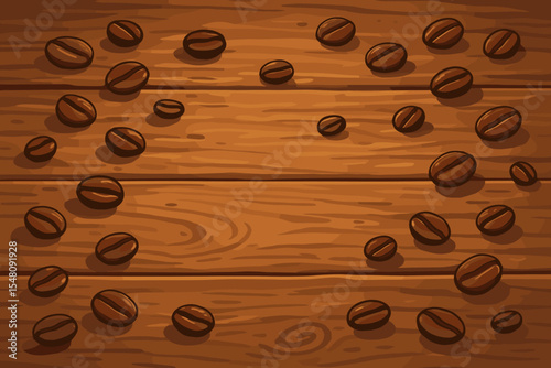 Top view of roasted coffee beans scattered on a rustic wooden table. Vector illustration background with wood texture and copy space for text. Cafe, coffee shop, morning concept.
