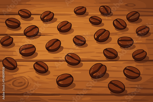 Coffee beans background with rustic wooden texture. Cartoon vector illustration of roasted seeds on a wood table. Concept for caffeine, aroma, morning energy, and cafe themes.