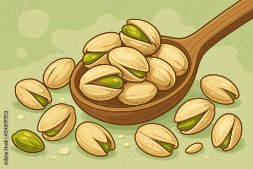 Roasted salted pistachio nuts in a wooden spoon vector cartoon illustration. Healthy organic snack food ingredient concept. Gourmet pistachios in shell isolated on green background.