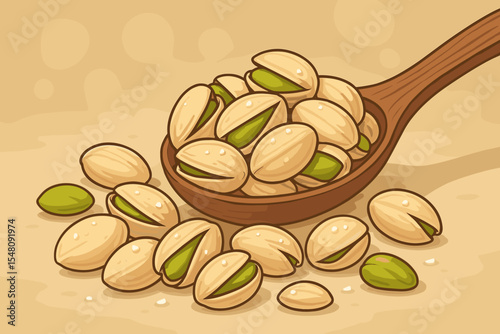 Salted roasted pistachio nuts overflowing from a wooden spoon. Vector cartoon illustration of healthy organic snack food. Pile of kernels and nuts in shells. Vegan diet concept.