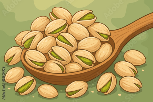 Pistachio nuts in a wooden spoon. Roasted and salted pistachios in their shells, concept for a healthy snack. Vector illustration of organic nuts for vegetarian and vegan food design.