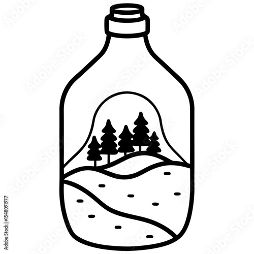 A glass bottle containing a tiny forest and a river inside, showing the fragility and protection of nature in human hands.