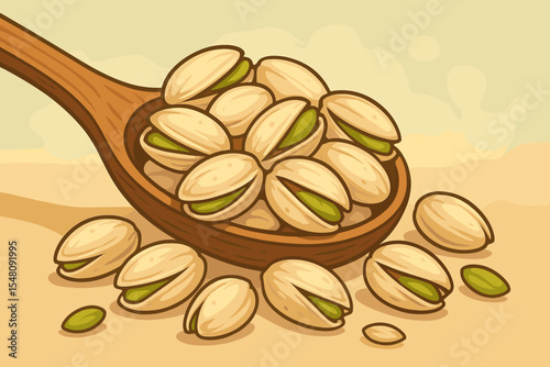 Roasted salted pistachio nuts overflowing from a wooden spoon. Vector cartoon illustration of a healthy organic snack. Concept for diet, nutrition, and gourmet food ingredient.