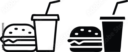 Minimalist Fast Food Combo Icon – Line Art Hamburger and Soda Cup with Straw