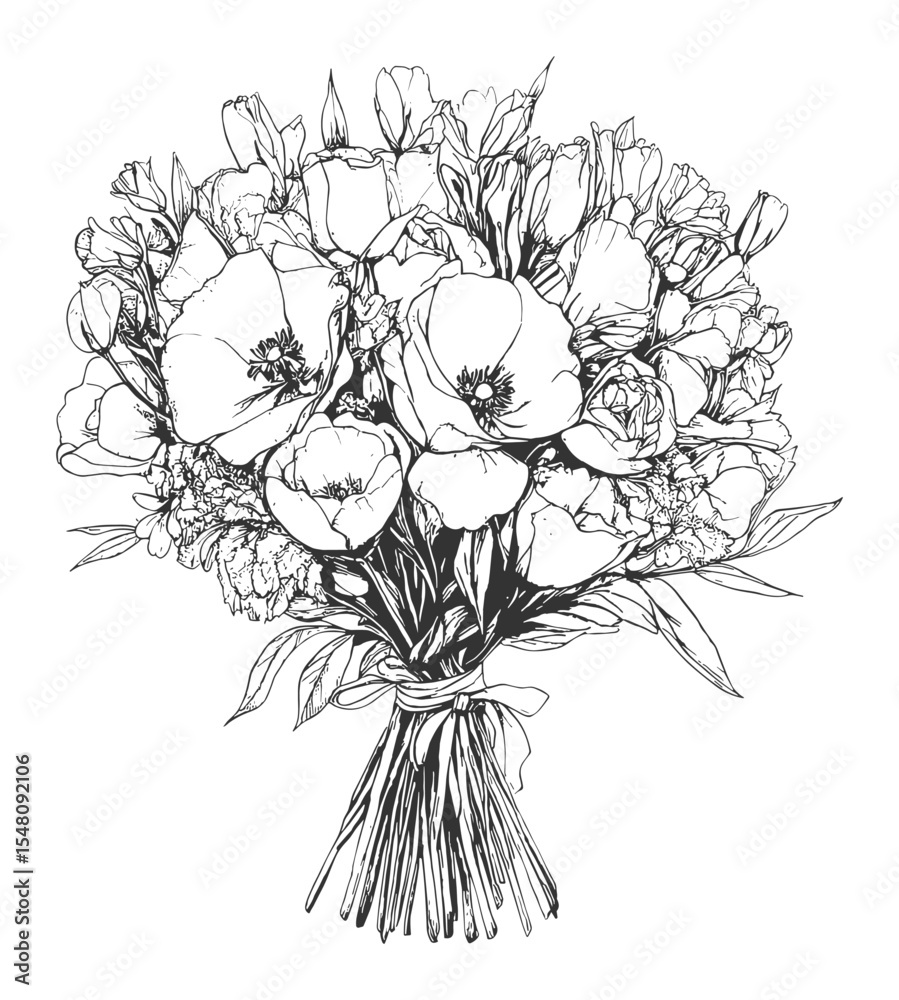 Fototapeta premium Hand-Drawn Flower Bouquet – Detailed Black and White Line Art Illustration 