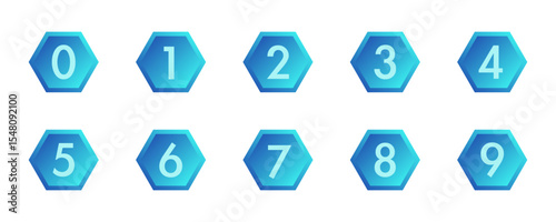 Gradient blue hexagonal digital button number 0-9 set.
