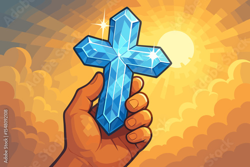 Hand holding a crystal cross, a symbol of Christian faith and religion. Concept of hope, salvation, and God's love with divine sunlight from heaven. Vector cartoon illustration.