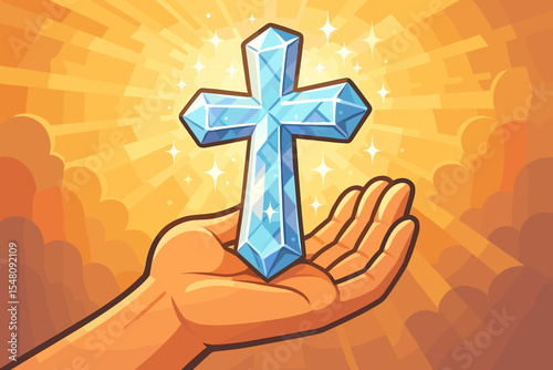 Radiant crystal cross held in open hand, glowing with sparkling light rays and warm sunrise sky. Faith, hope, Christianity, spirituality, religious symbol vector cartoon illustration concept
