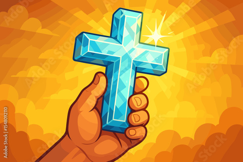 Hand holding crystal cross, symbol of faith, Christianity. Religious concept of hope, salvation, and belief in God. Divine light from heaven. Shiny crucifix vector cartoon.