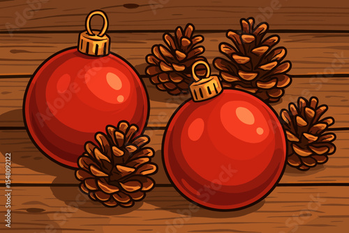 Red Christmas ornaments with gold caps and natural pine cones on a rustic wooden surface. Festive holiday background for winter celebration. Traditional New Year decoration cartoon vector.