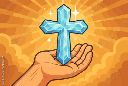Hand holding a shimmering crystal cross. Concept of faith, religion, and spirituality. Christian symbol of hope and salvation illuminated by divine sunlight. Holy prayer cartoon vector.