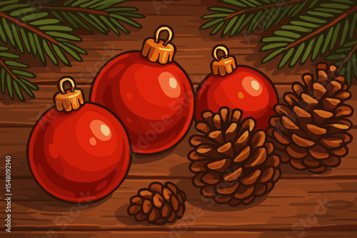 Festive Christmas scene with red baubles, natural pine cones, and evergreen branches on a rustic wood table. Traditional winter holiday decoration concept. Vector cartoon illustration.