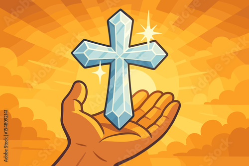 Hand holding a shimmering crystal cross against a sunrise sky. Christian faith concept, symbol of hope, prayer, and salvation. Divine blessing from God with heavenly light. Vector.