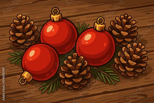 Christmas decoration composition with red ornaments, pine cones, and fir branches on a rustic wood table. Festive winter holiday background concept. Vector cartoon illustration.