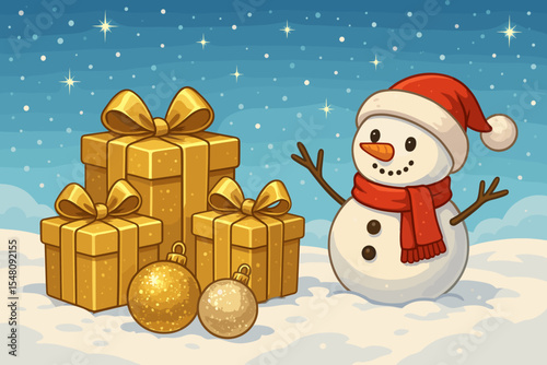 Cute cartoon snowman in Santa hat with golden Christmas presents and shiny baubles on a snowy winter night. Festive holiday greeting card concept with gift boxes and decorations. Vector.