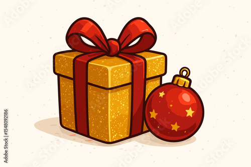 Sparkling gold Christmas gift box with festive red ribbon and bow beside decorative red ornament ball with stars, joyful holiday celebration on white textured background, vector cartoon illustration