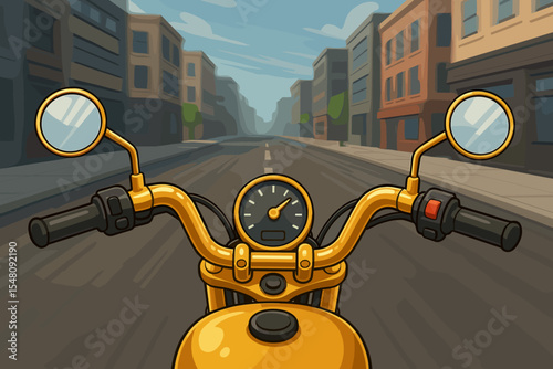 Golden Motorcycle Handlebar Urban Street View, Motion Blur Background, City Road Perspective, Speedometer, Rearview Mirrors, Vibrant Vector Cartoon, Dynamic Driving Adventure Illustration