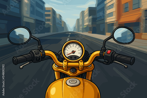 Dynamic urban motorcycle ride perspective. Shiny gold handlebar, speedometer, rear view mirrors. Blurred city street background. Fast motion, urban adventure. Vector cartoon illustration concept