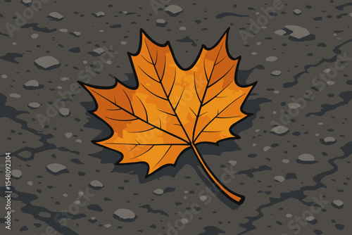 Vibrant autumn maple leaf lying on textured asphalt road, symbolizing change, fall season, solitude, nature and urban contrast. Detailed vector illustration perfect for seasonal design concepts