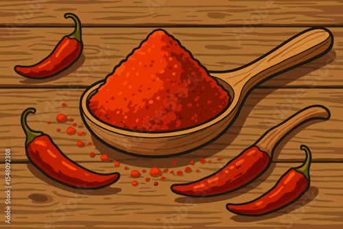 Vibrant red chili powder with whole dried chili peppers in wooden spoon on rustic wood table. Spicy seasoning, hot peppers, culinary spice, cooking ingredient. Vector cartoon food illustration.