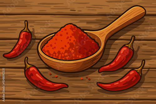 Spicy red chili powder with whole dried chili peppers in wooden spoon on rustic wood table. Hot seasoning, cooking spices, food ingredients. Vector cartoon illustration for culinary kitchen design