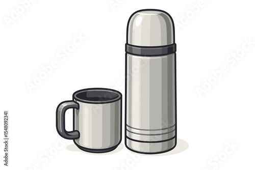 Stainless steel thermos flask and coffee mug vector illustration. Modern travel beverage container set on white background. Insulated drinkware for camping, hiking, office, outdoor adventure