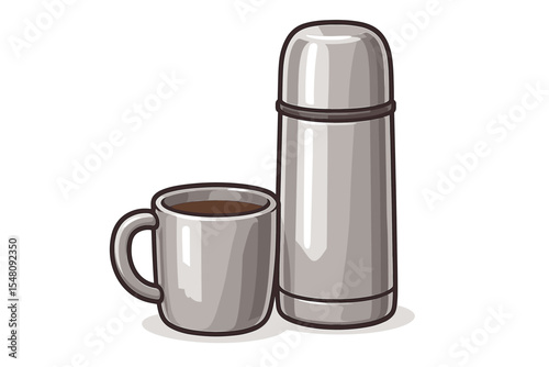Stainless steel thermos with coffee mug. Hot drink container. Insulated travel flask. Vector cartoon illustration. Beverage storage for office, camping, hiking, picnic. Isolated white background
