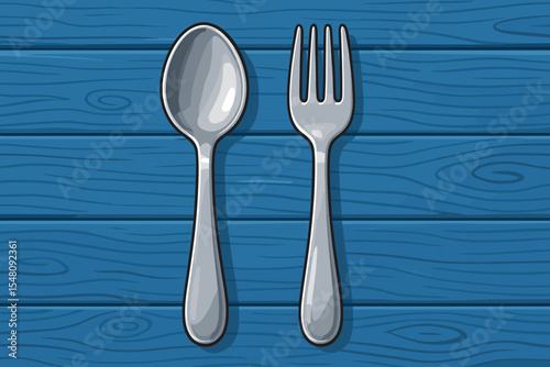Realistic Stainless Steel Spoon and Fork Cutlery Set Vector Illustration on Blue Wooden Plank Background, Table Setting, Kitchen Utensils, Dining Concept, Clean Modern Restaurant Design