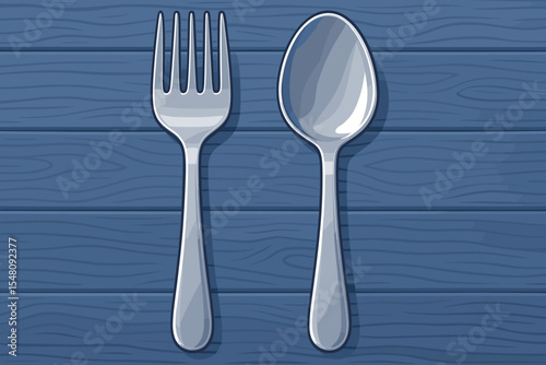 Realistic stainless steel cutlery set illustration with spoon and fork on blue wooden table background. Vector cartoon flatware for restaurant, kitchen, dining, utensils, culinary, food concept