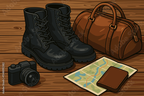 Stylish Black Leather Boots, Leather Travel Bag, Camera, Map, Wallet on Wooden Table. Adventure Packing Preparation. Vector Cartoon Illustration. Outdoor Hiking, Tourism, Exploration Accessories
