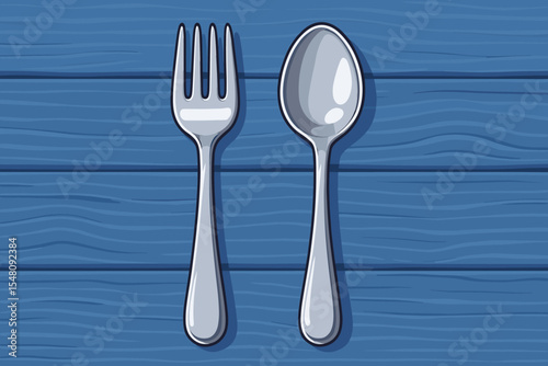 Shiny stainless steel spoon and fork cutlery set on blue wooden background. Vector cartoon illustration for kitchenware, restaurant menu, table setting, dining utensils, food preparation concepts.