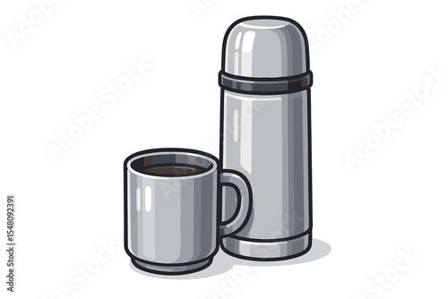 Stainless steel thermos flask and coffee mug with hot drink. Cartoon vector illustration. Insulated travel bottle and cup set on clean white background for beverage storage and outdoor activities