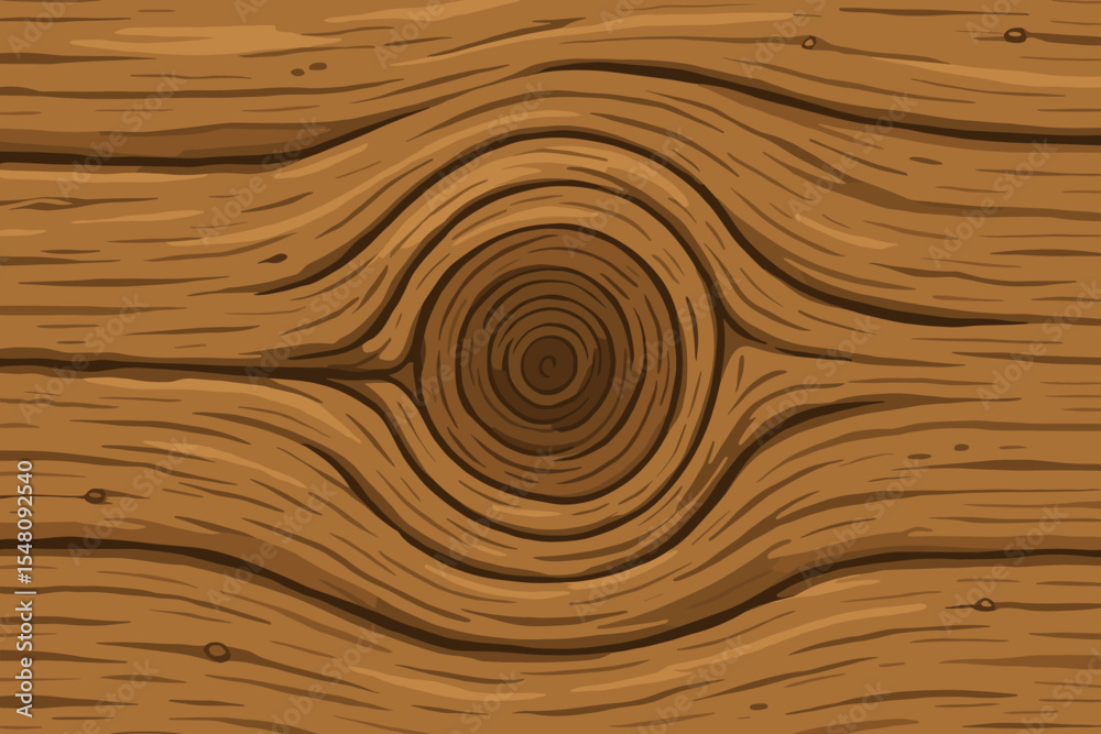 Seamless cartoon wooden texture with prominent knot, rustic wood grain pattern, natural timber plank background, detailed vector illustration for vintage design, carpentry, and crafts projects
