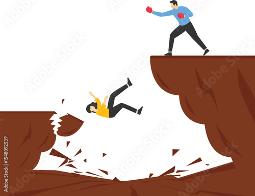 Unfair competition, Cheating or using authority, Power to abuse competitors, Violence, Conflict or employee fight, Trying to push back boss big feet stock illustration

