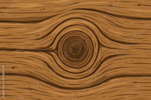 Seamless cartoon wooden texture with prominent knot, rustic wood grain pattern, natural timber plank background, detailed vector illustration for vintage design, carpentry, and crafts projects