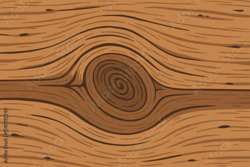 Seamless cartoon wooden texture vector with prominent knot, natural plank grain pattern, rustic background design, lumber surface illustration, timber board seamless wood grain