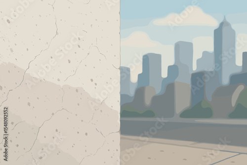 Cracked White Cement Wall Texture with Urban Cityscape Background, Concrete Surface Detail, Vector Illustration, Modern Architecture, Outdoor Urban Environment, No Text Mockup Template