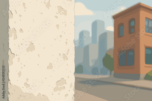 Textured White Cement Wall Detail with Urban Street, Modern City Buildings, Soft Focus Background, Clean Blank Space, Vector Cartoon Illustration, Architecture and Construction Concept